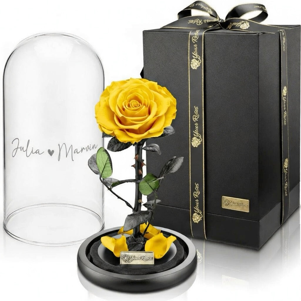 Premium roos in een glazen pot met geschenkdoos – Gepersonaliseerd met gravure