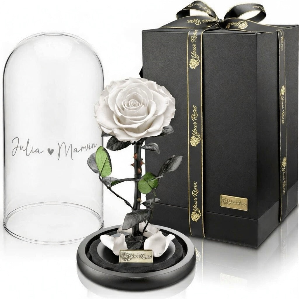Premium roos in een glazen pot met geschenkdoos – Gepersonaliseerd met gravure