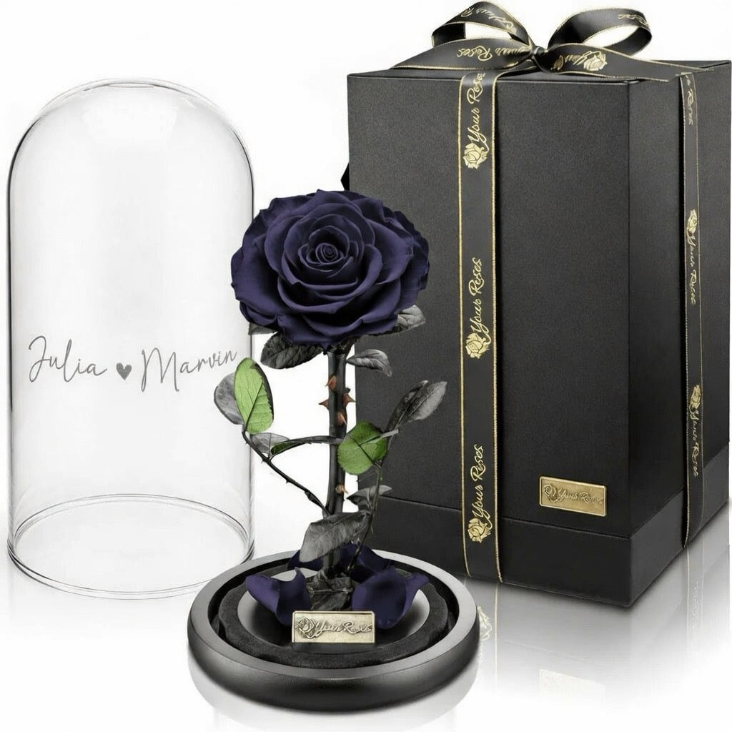 Premium roos in een glazen pot met geschenkdoos – Gepersonaliseerd met gravure