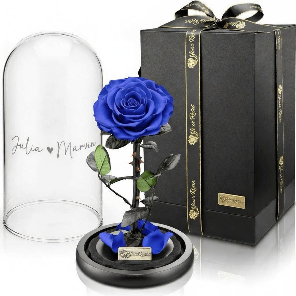 Premium roos in een glazen pot met geschenkdoos – Gepersonaliseerd met gravure