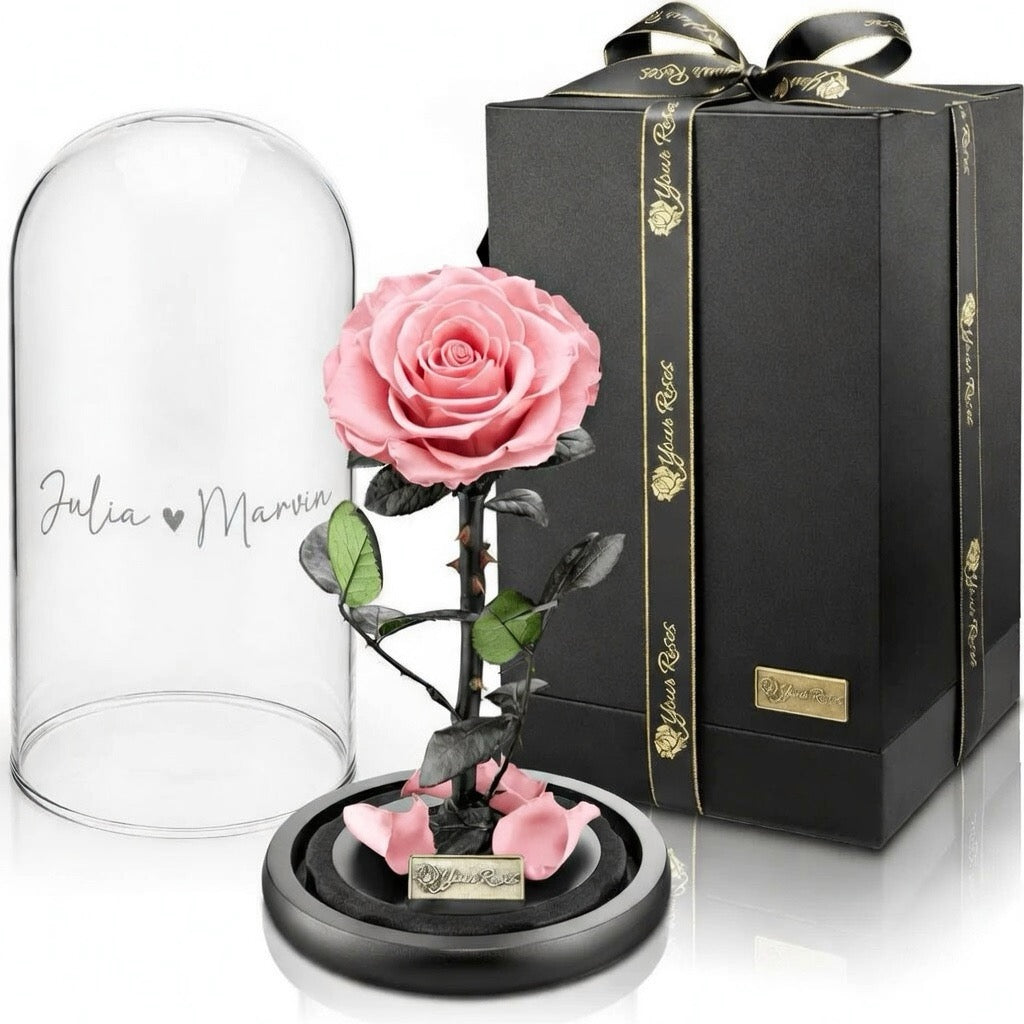 Premium roos in een glazen pot met geschenkdoos – Gepersonaliseerd met gravure