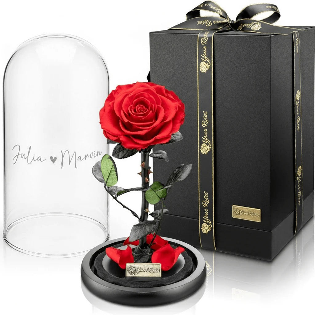 Premium roos in een glazen pot met geschenkdoos – Gepersonaliseerd met gravure