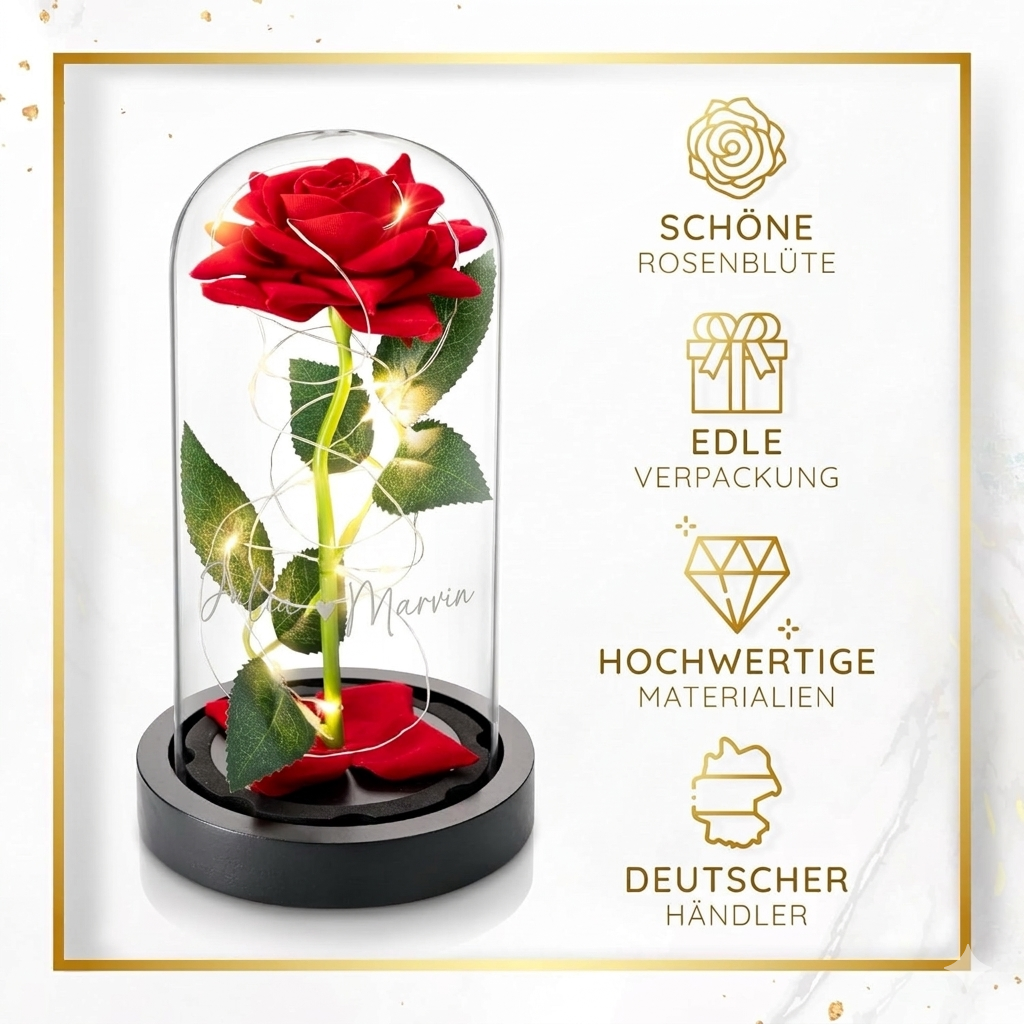 Personalisierte Rose im Glas mit LED-Licht und Geschenkbox