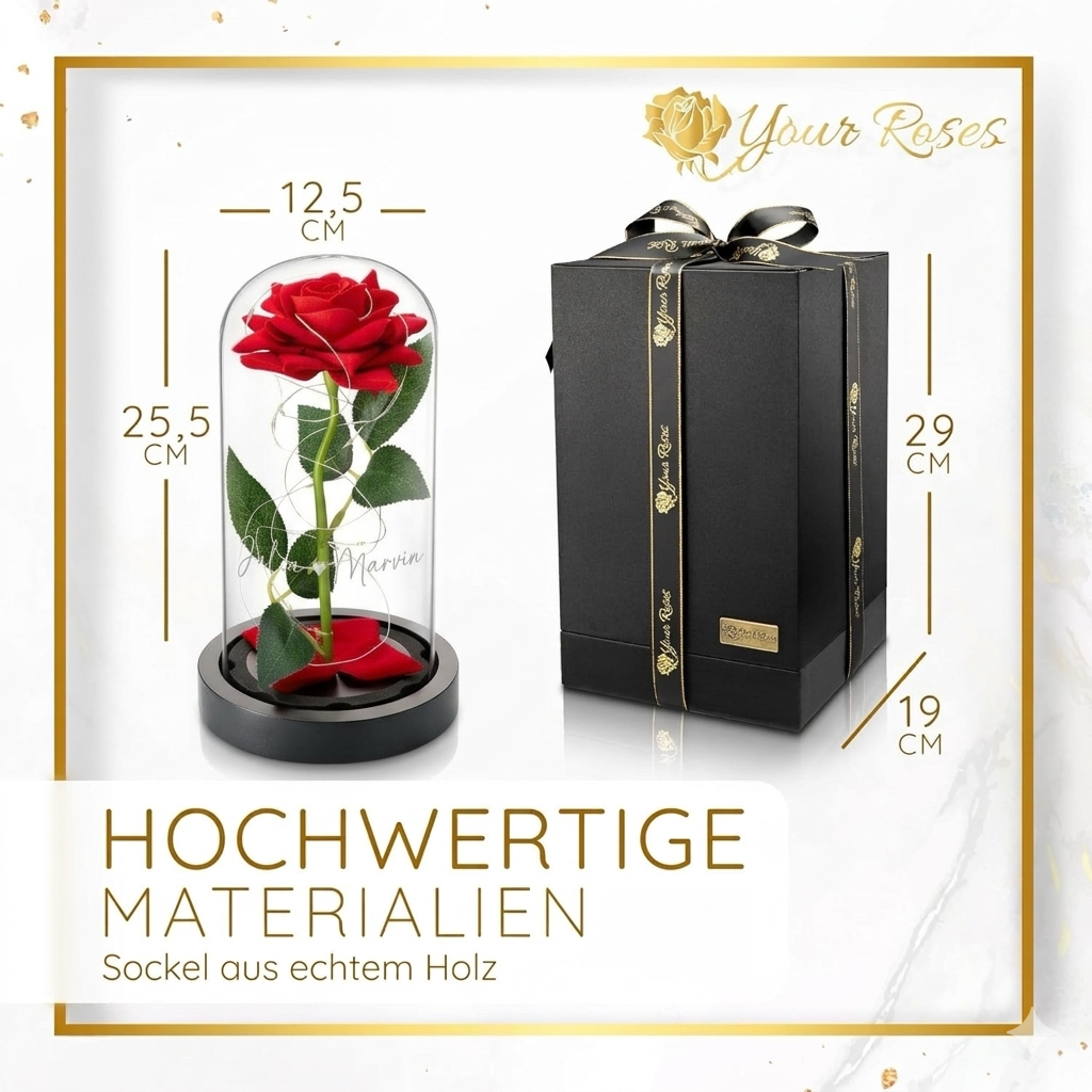 Personalisierte Rose im Glas mit LED-Licht und Geschenkbox