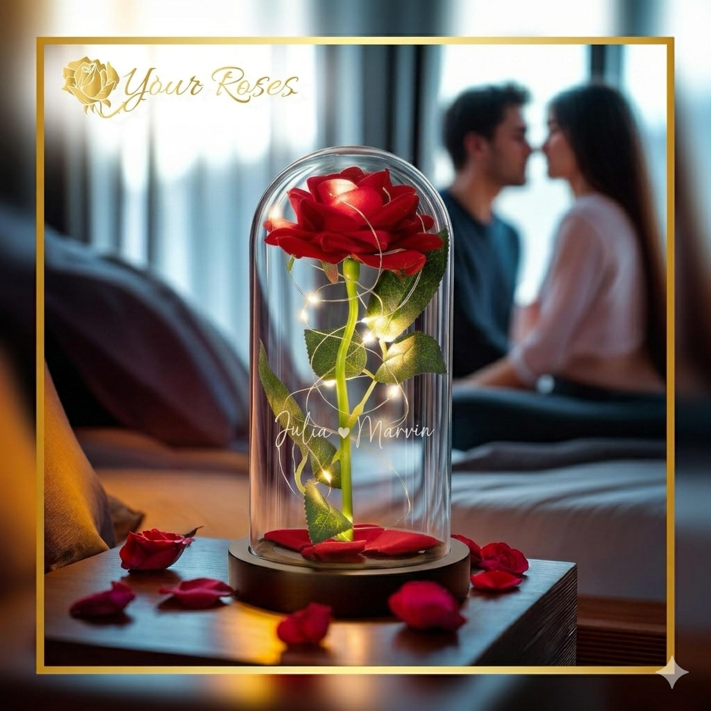 Personalisierte Rose im Glas mit LED-Licht und Geschenkbox