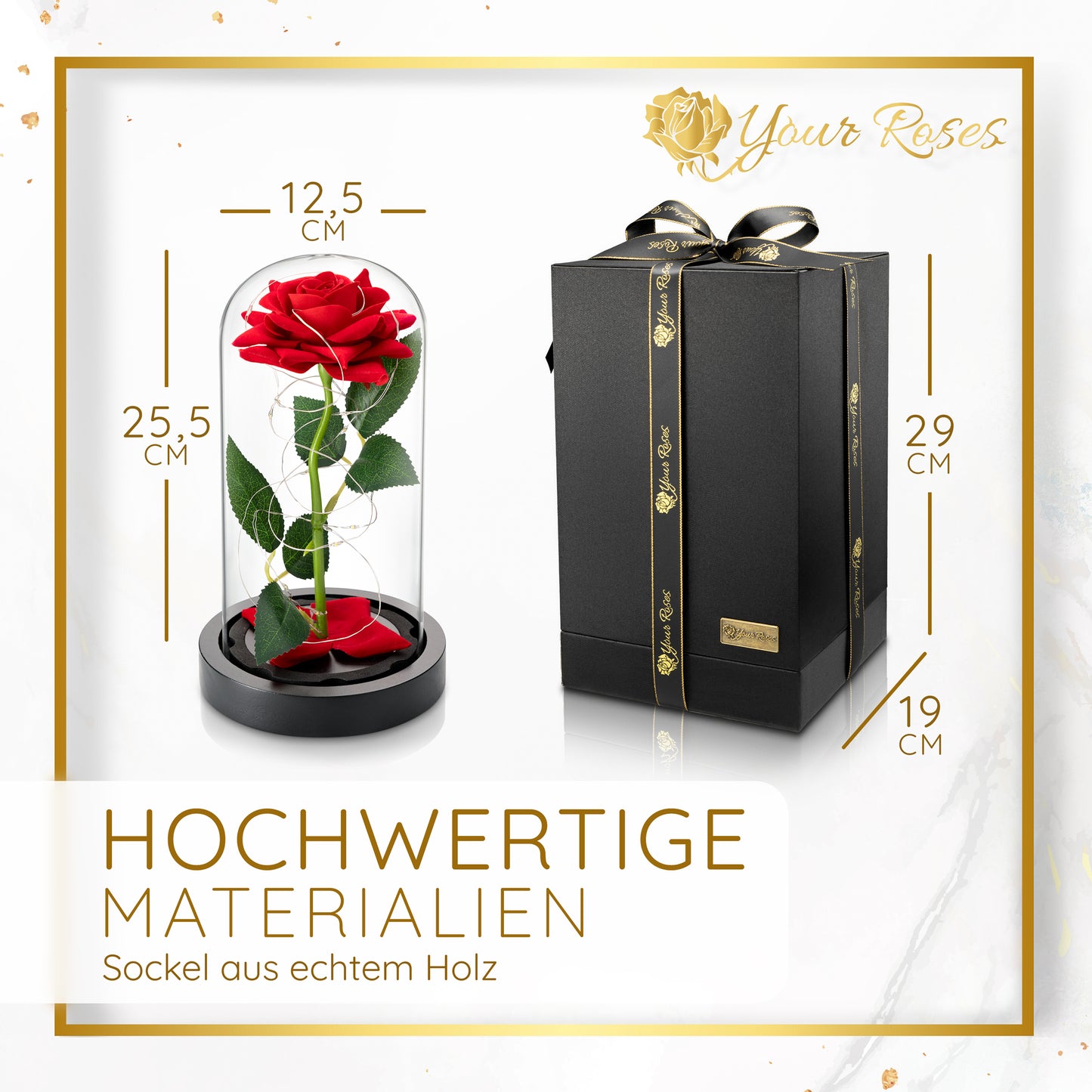 YourRoses® Premium-Rose im Glas mit LED & edlem Holzsockel besondere Anlässe wie Jahrestag, Muttertag, Valentinstag oder Geburtstag. Ein Zeichen echter Zuneigung