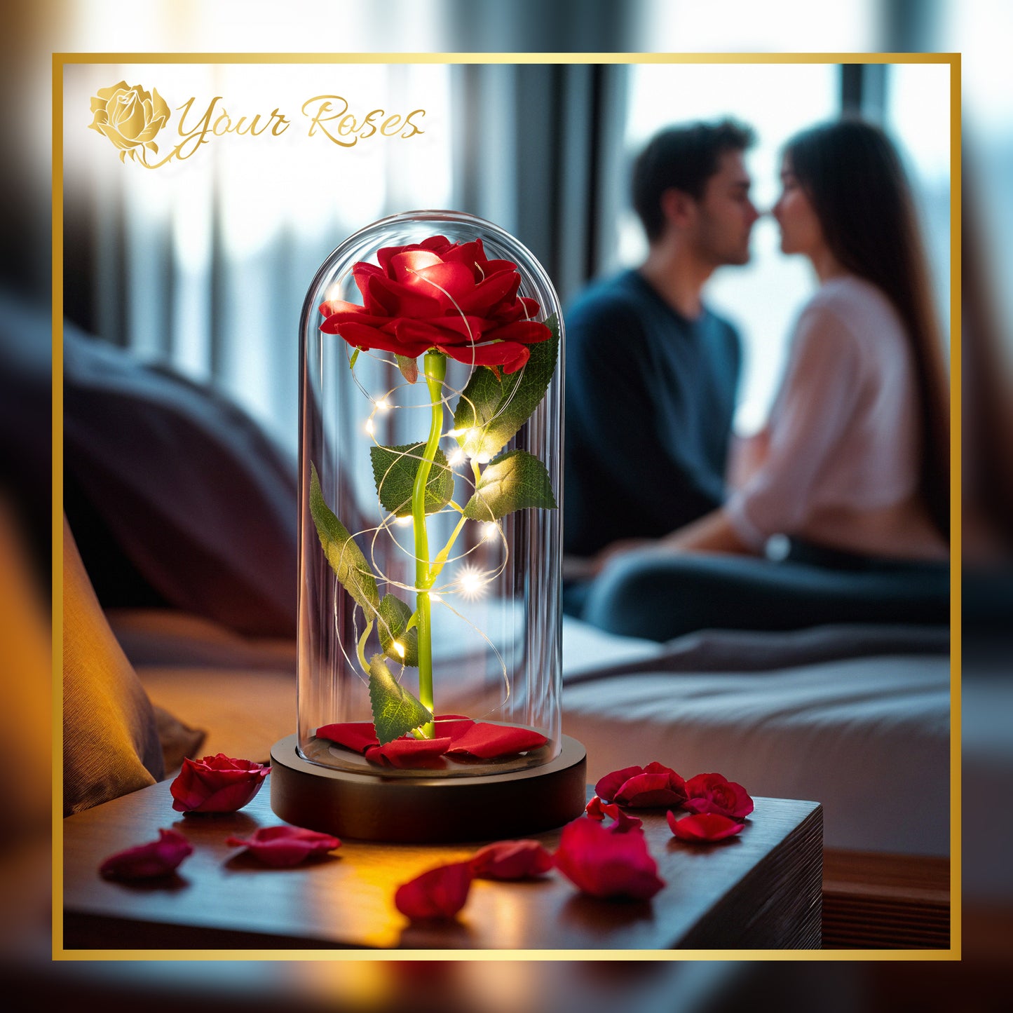 YourRoses® Premium-Rose im Glas mit LED & edlem Holzsockel besondere Anlässe wie Jahrestag, Muttertag, Valentinstag oder Geburtstag. Ein Zeichen echter Zuneigung