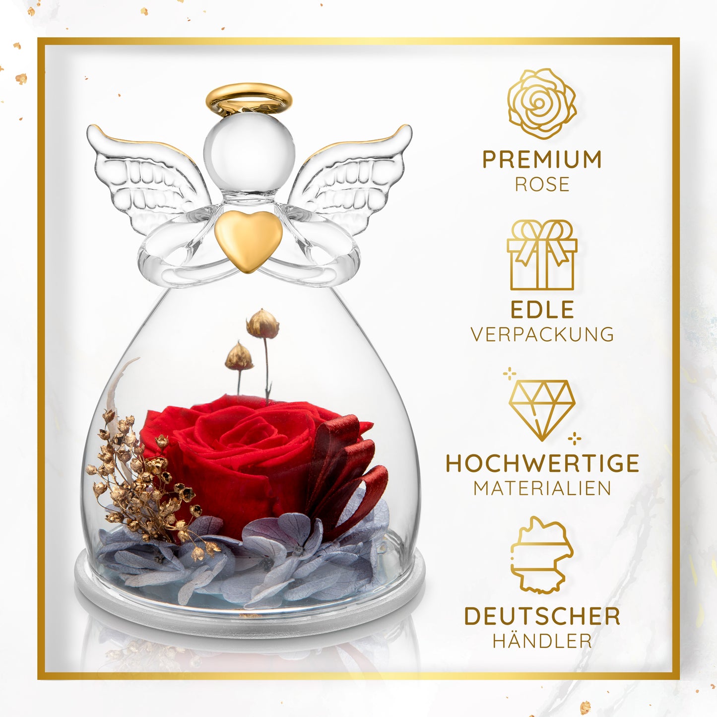 YourRoses® Real premium rose in a glass angel figurine and a beautiful gift box