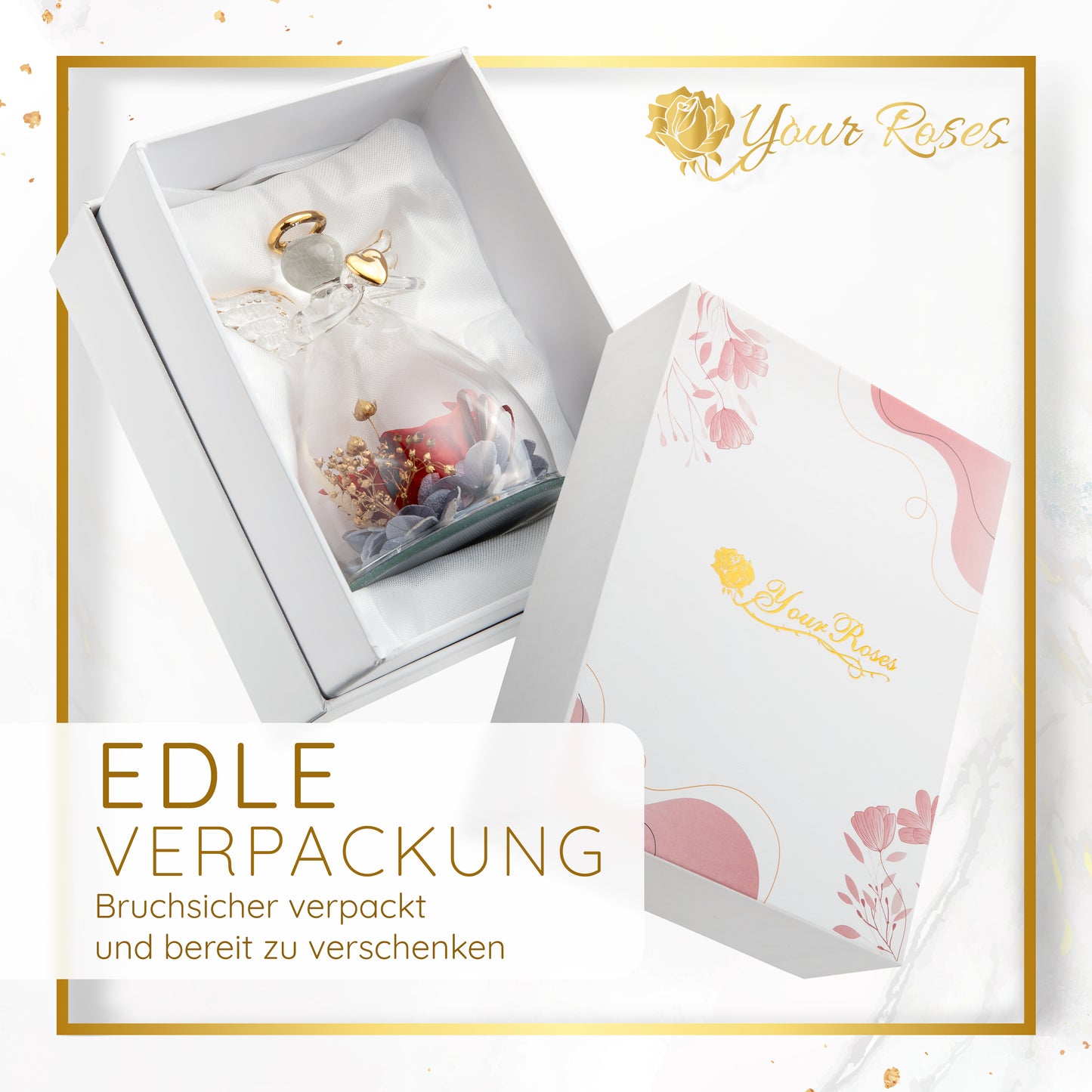 YourRoses® Real premium rose in a glass angel figurine and a beautiful gift box