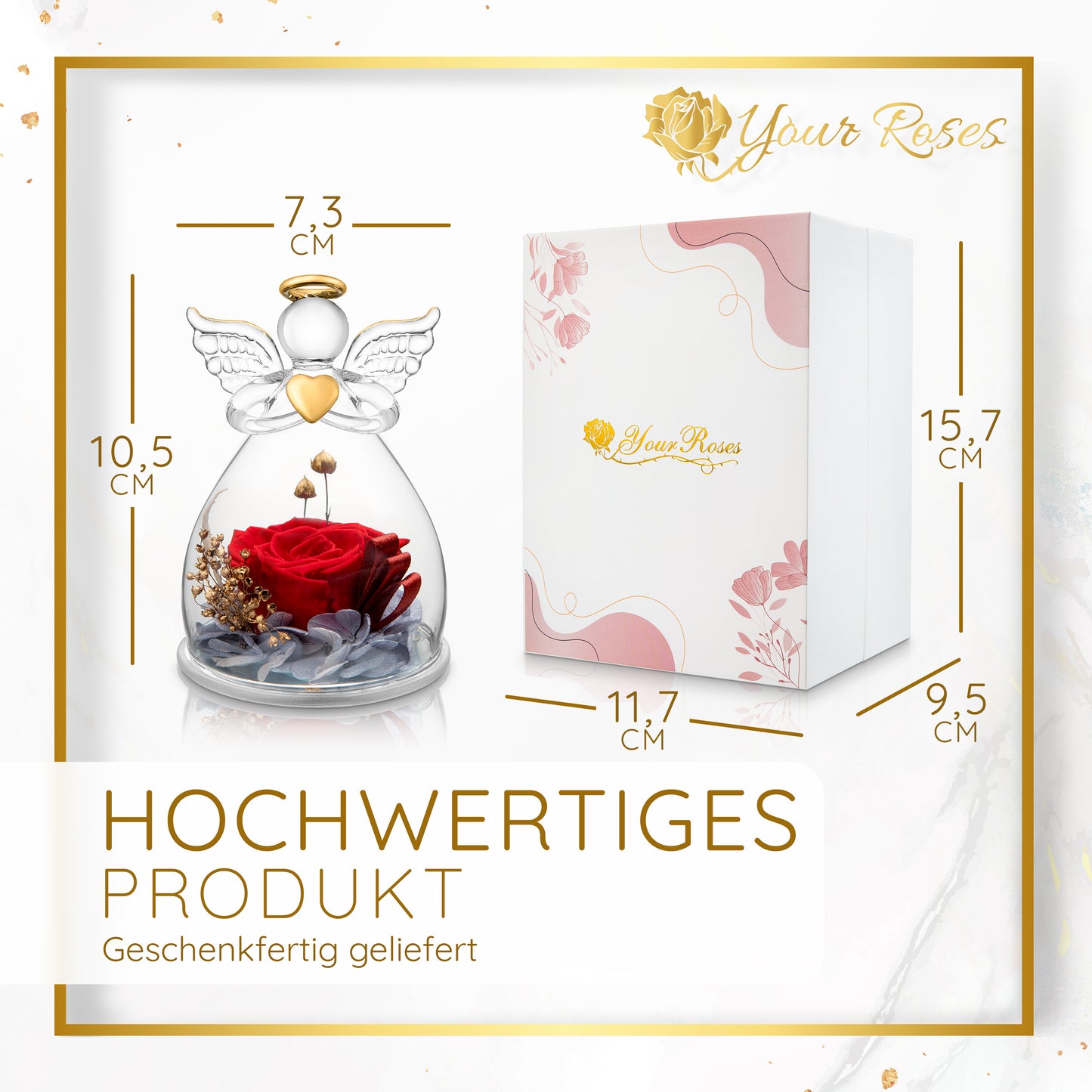 YourRoses® Real premium rose in a glass angel figurine and a beautiful gift box