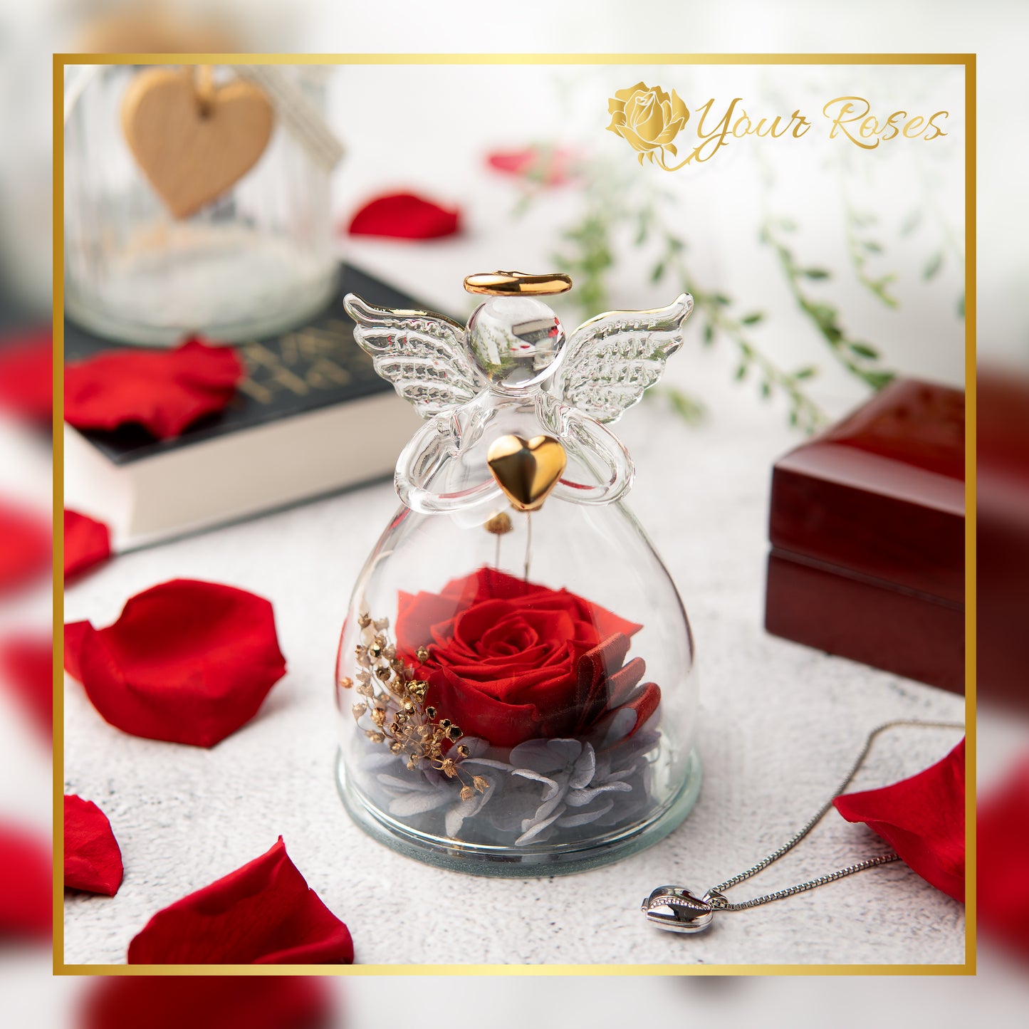 YourRoses® Real premium rose in a glass angel figurine and a beautiful gift box